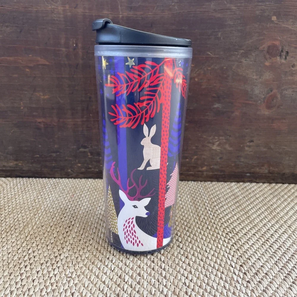 2017 Starbucks Cup Tumbler Lid Holiday Trees and Reindeer 16 oz